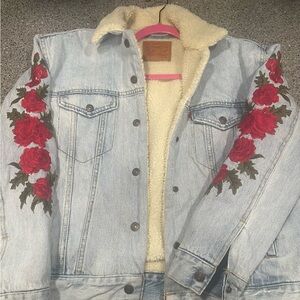 Levi's Light Blue Denim Jacket with Red Floral Embroidery
